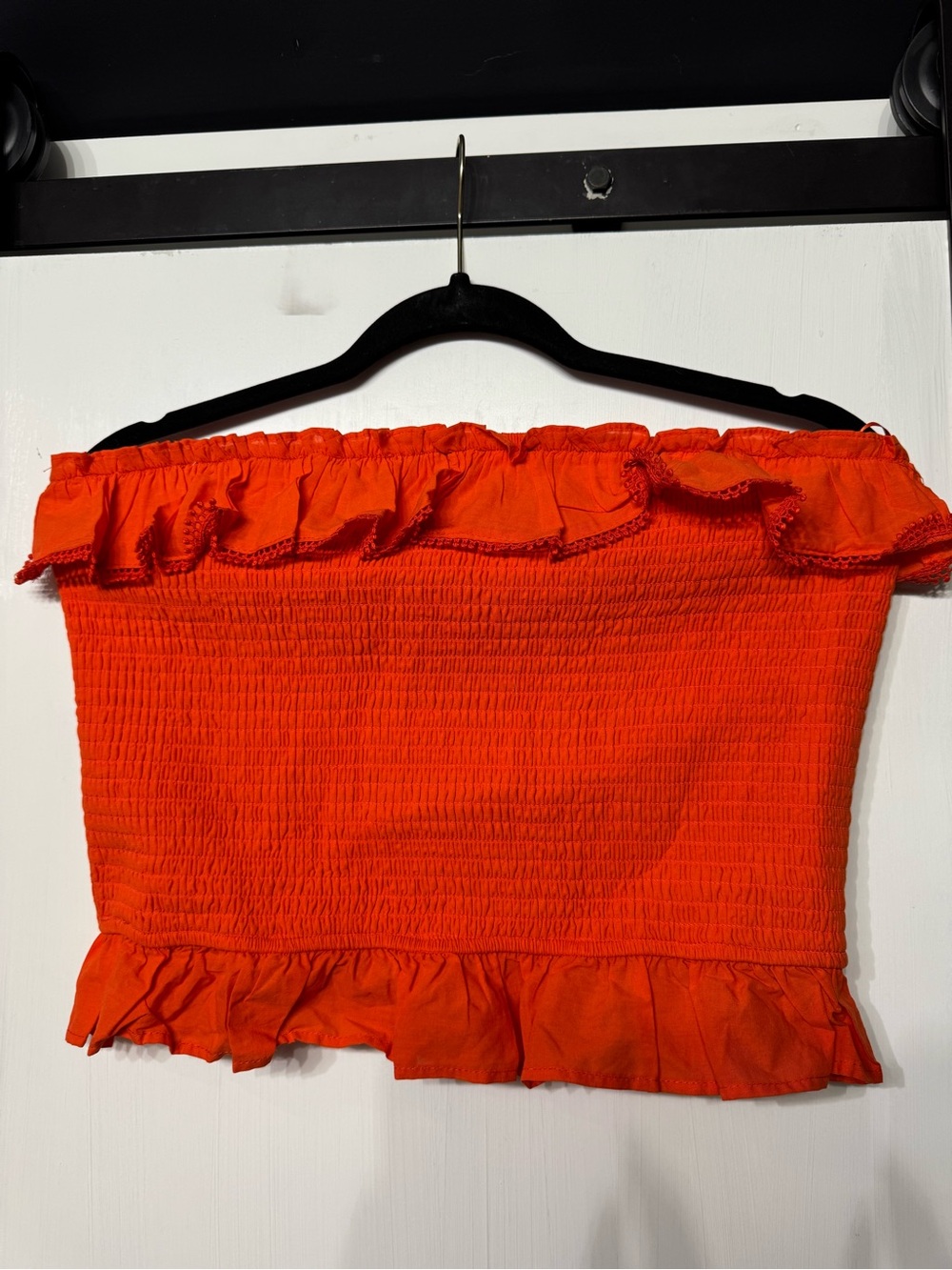 Francesca's Neon Orange Ruffled Smocked Strapless Top